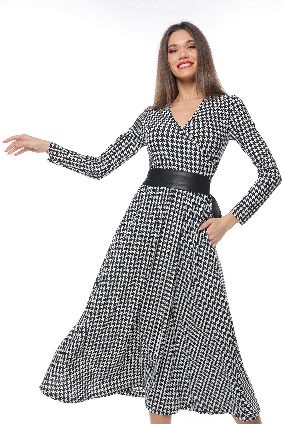 CAMISSI, Rochie maxi evazata, Alb, Negru stins, L