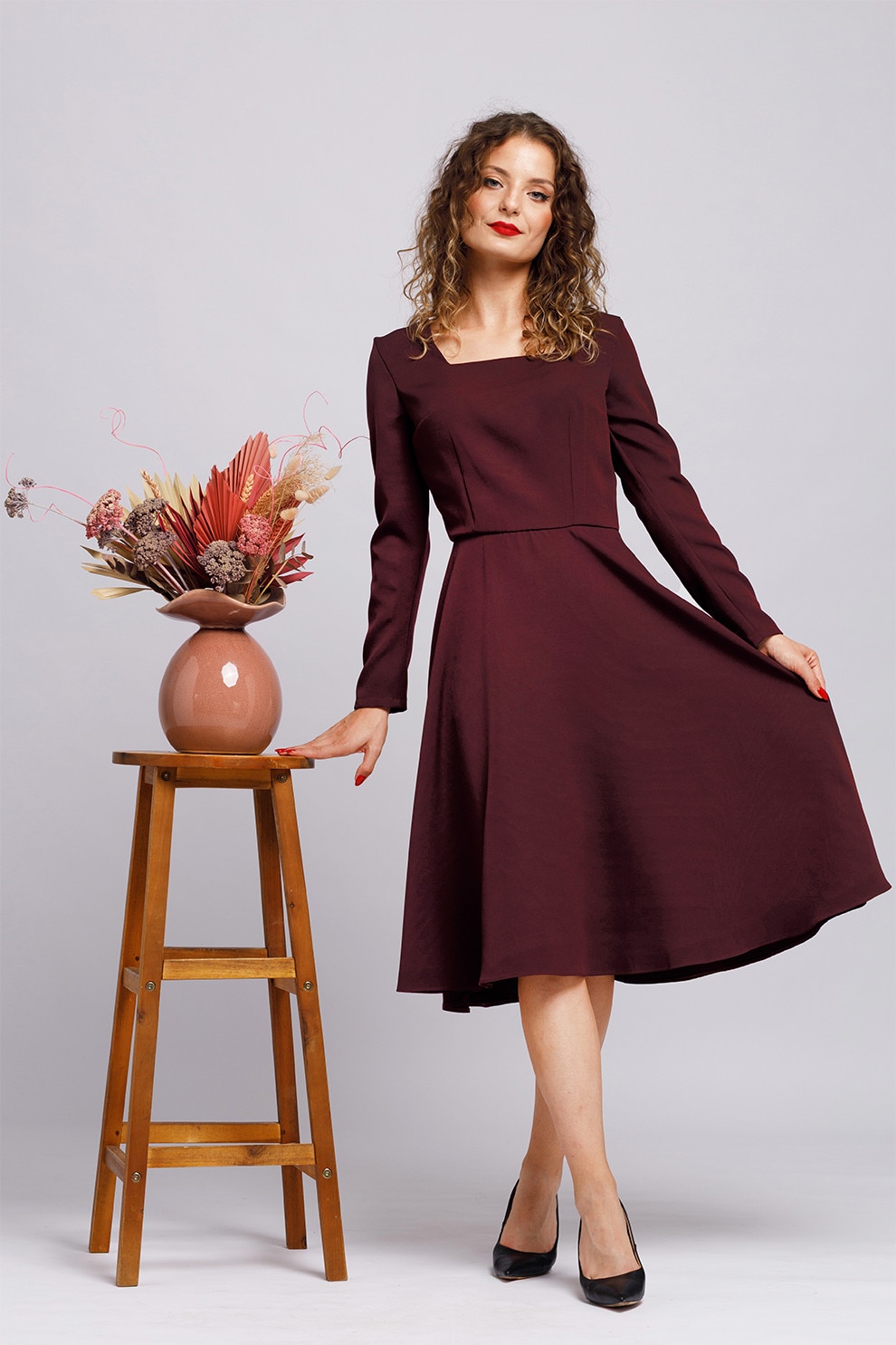 Camissi, Rochie midi evazata, Visiniu, S-M