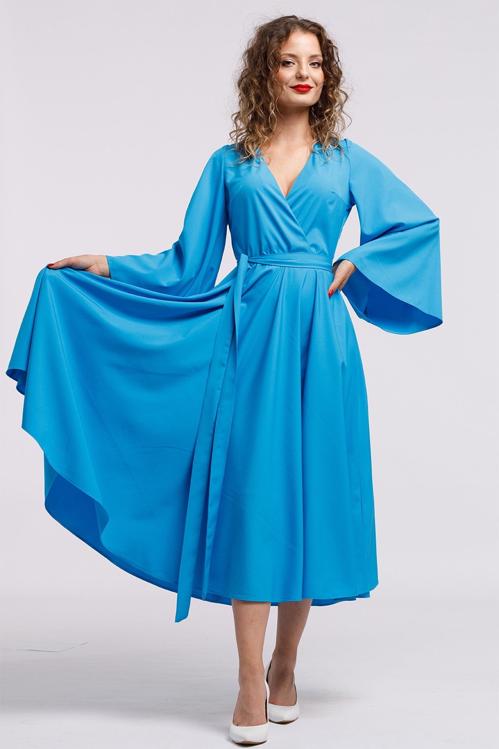 Camissi, Rochie cu croiala petrecuta si decolteu in V, Albastru azur, S-M
