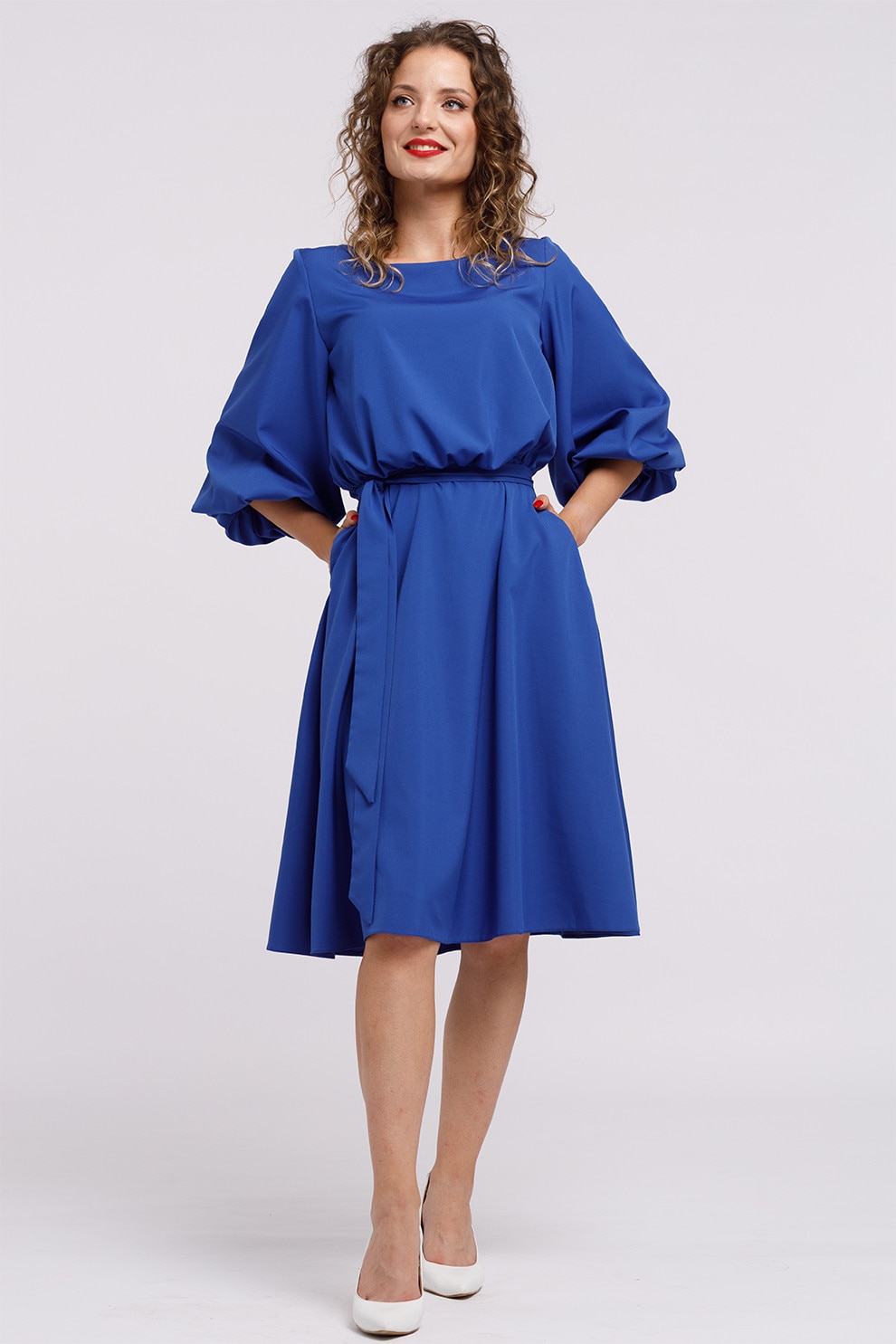 Camissi, Rochie midi evazata cu cordon, Albastru royal, L-XL