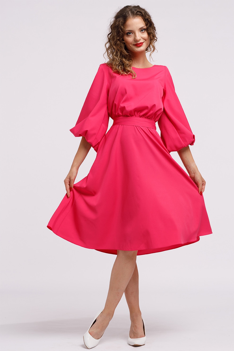 Camissi, Rochie midi evazata cu cordon, Fucsia, S-M