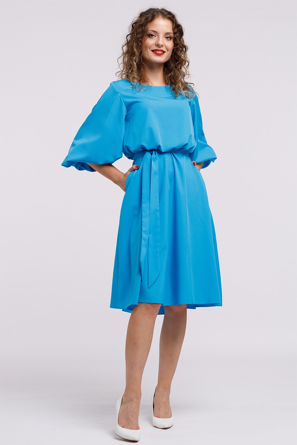 Camissi, Rochie midi evazata cu cordon, Albastru azur, S-M