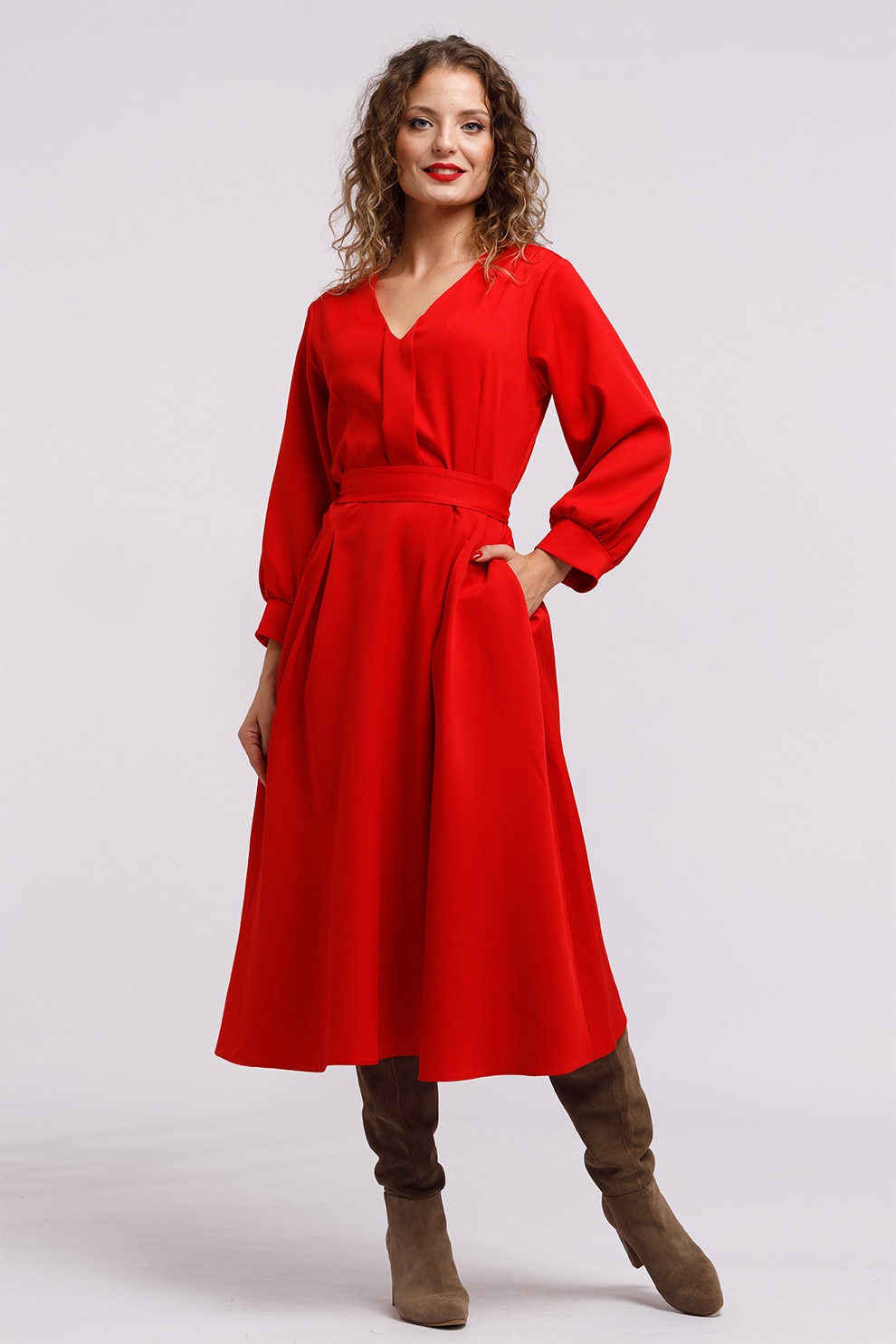 Camissi, Rochie midi cu croiala in A si buzunare, Rosu, L