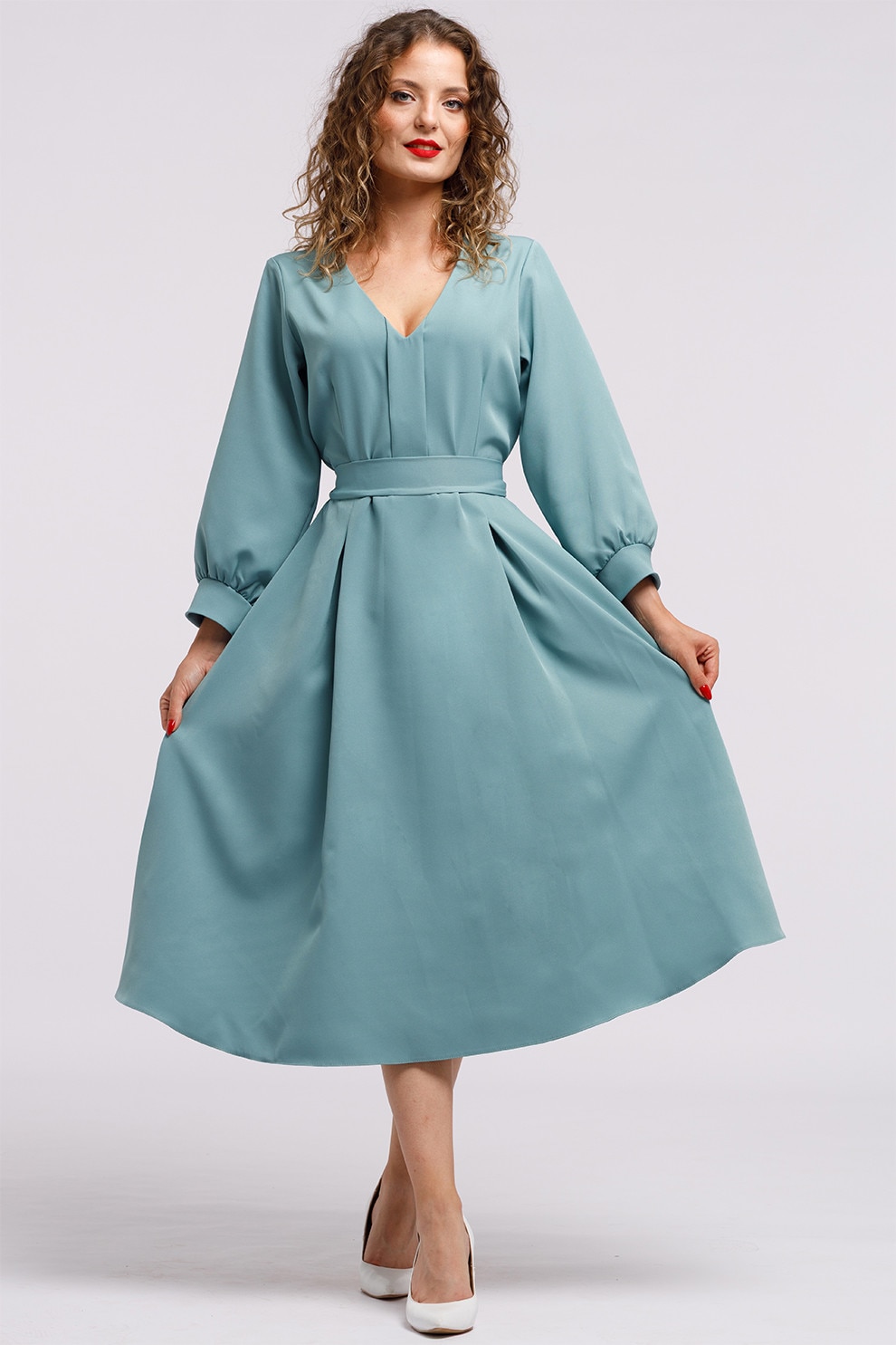 Camissi, Rochie midi cu croiala in A si buzunare, Albastru petrol, M