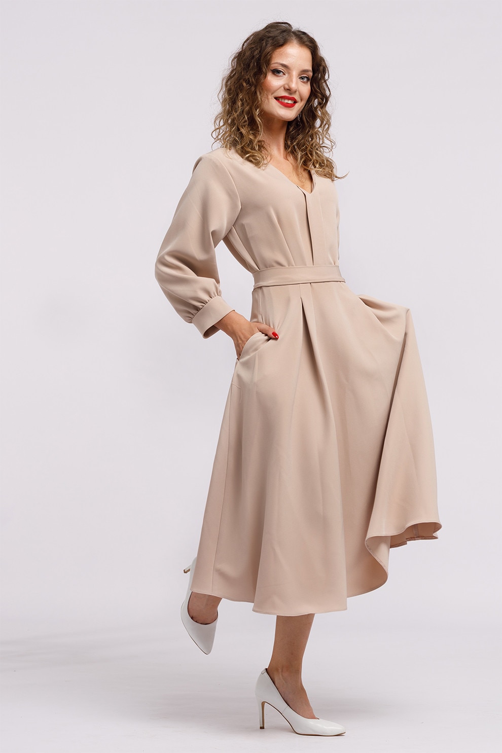 Camissi, Rochie midi cu croiala in A si buzunare, Maro nisip, XL