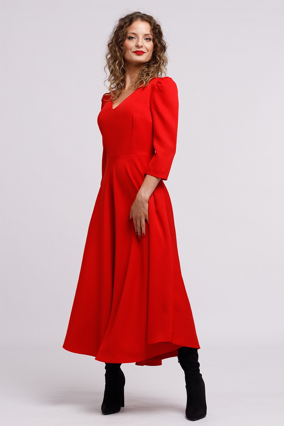 Camissi, Rochie cu croiala in A si maneci bufante, Rosu, L-XL