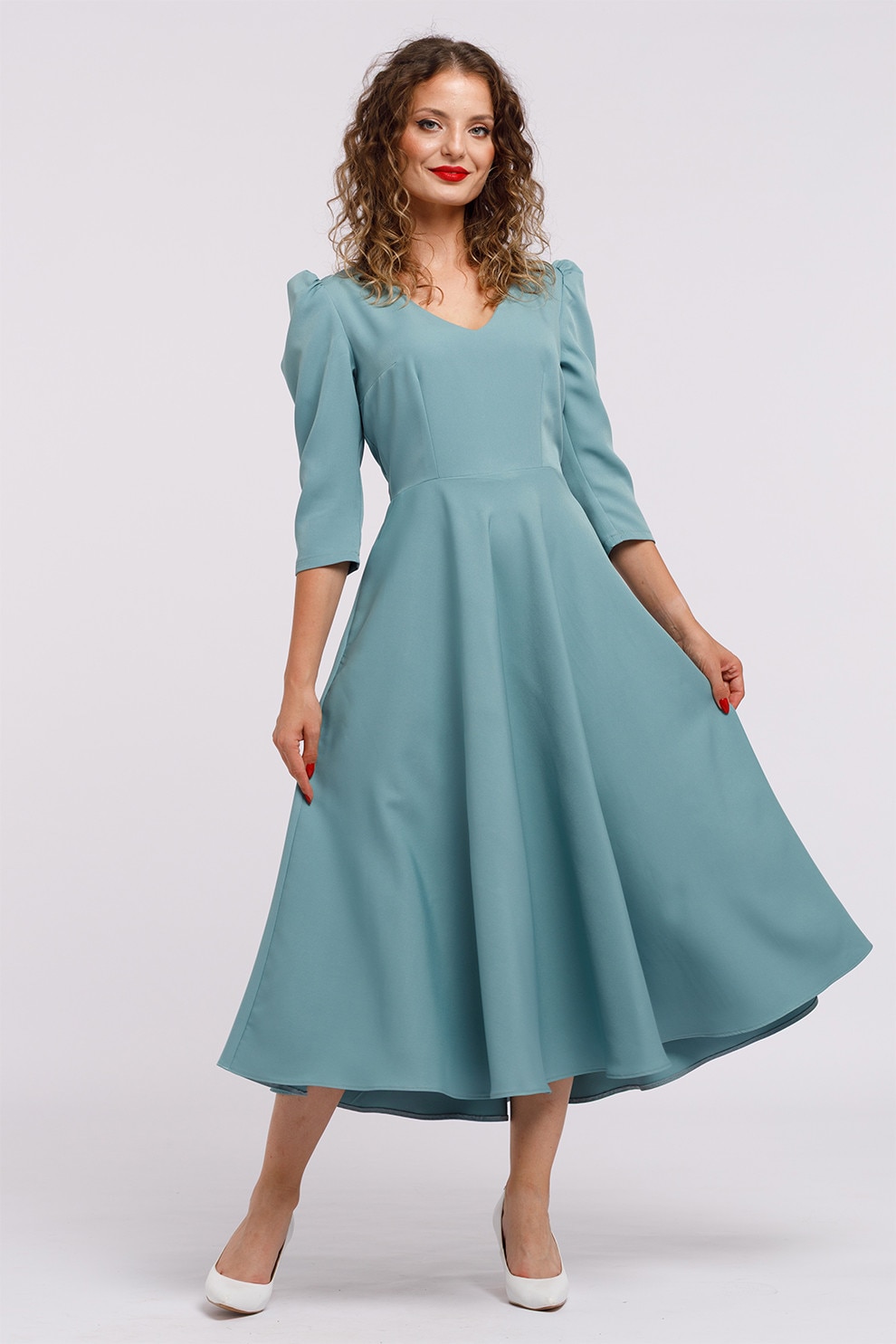 Camissi, Rochie cu croiala in A si maneci bufante, Albastru petrol, S-M