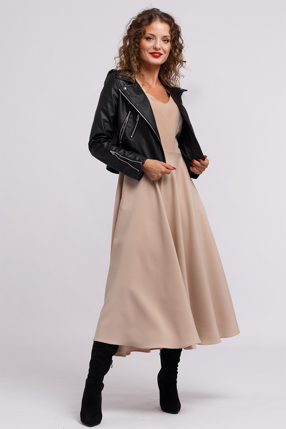 Camissi, Rochie cu croiala in A si maneci bufante, Maro nisip, S-M