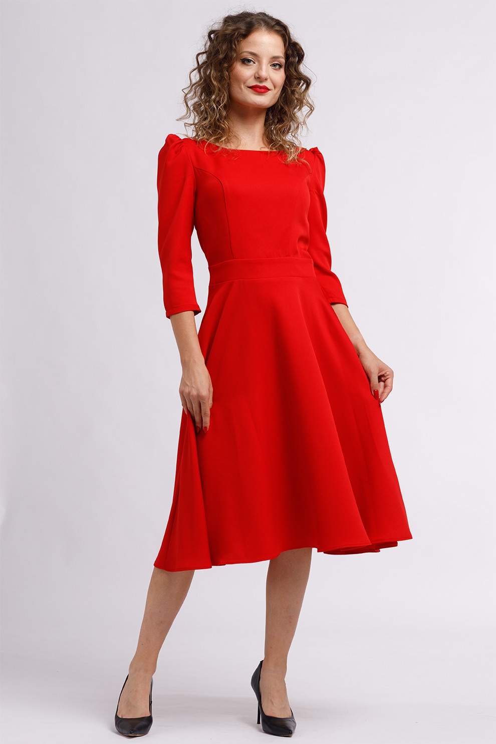 Camissi, Rochie midi evazata cu fermoar, Rosu, XL
