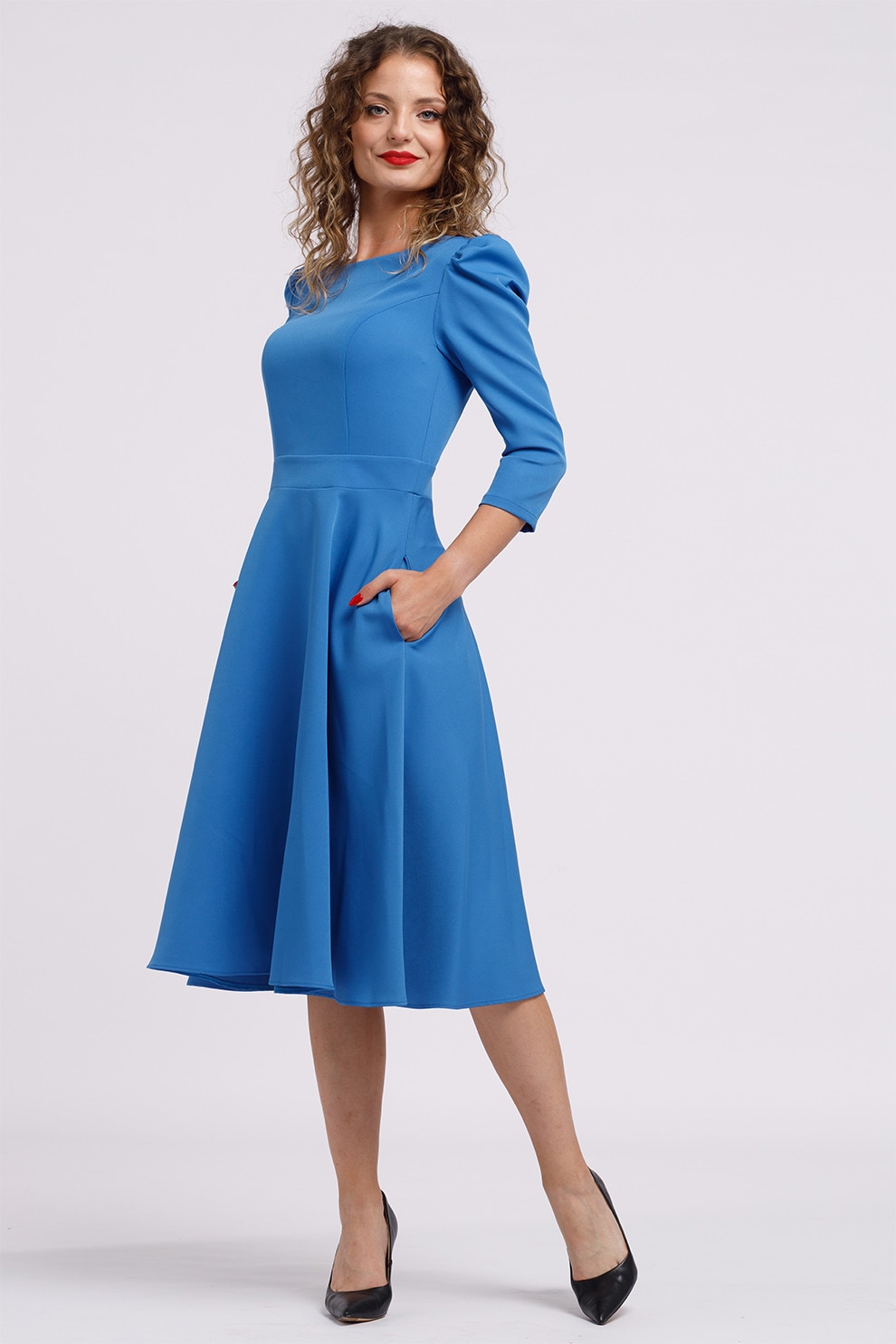 Camissi, Rochie midi evazata cu fermoar, Albastru, XL