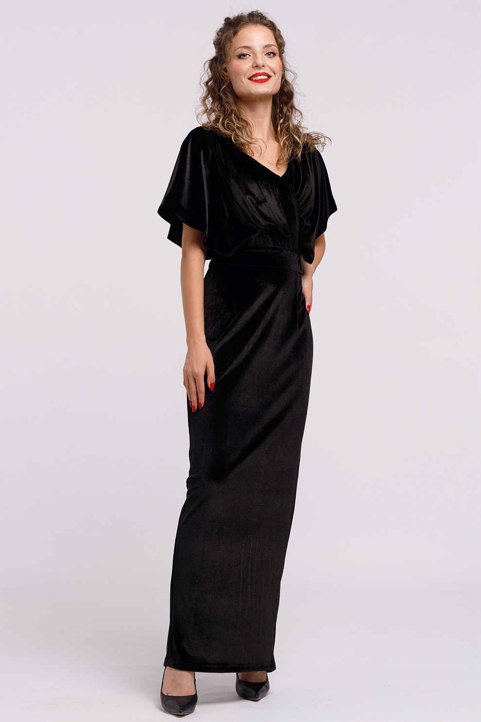 Camissi, Rochie maxi catifelata cu decolteu in V, Negru, S-M