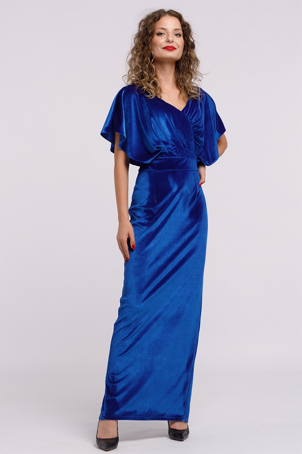 Camissi, Rochie maxi catifelata cu decolteu in V, Albastru royal, L-XL