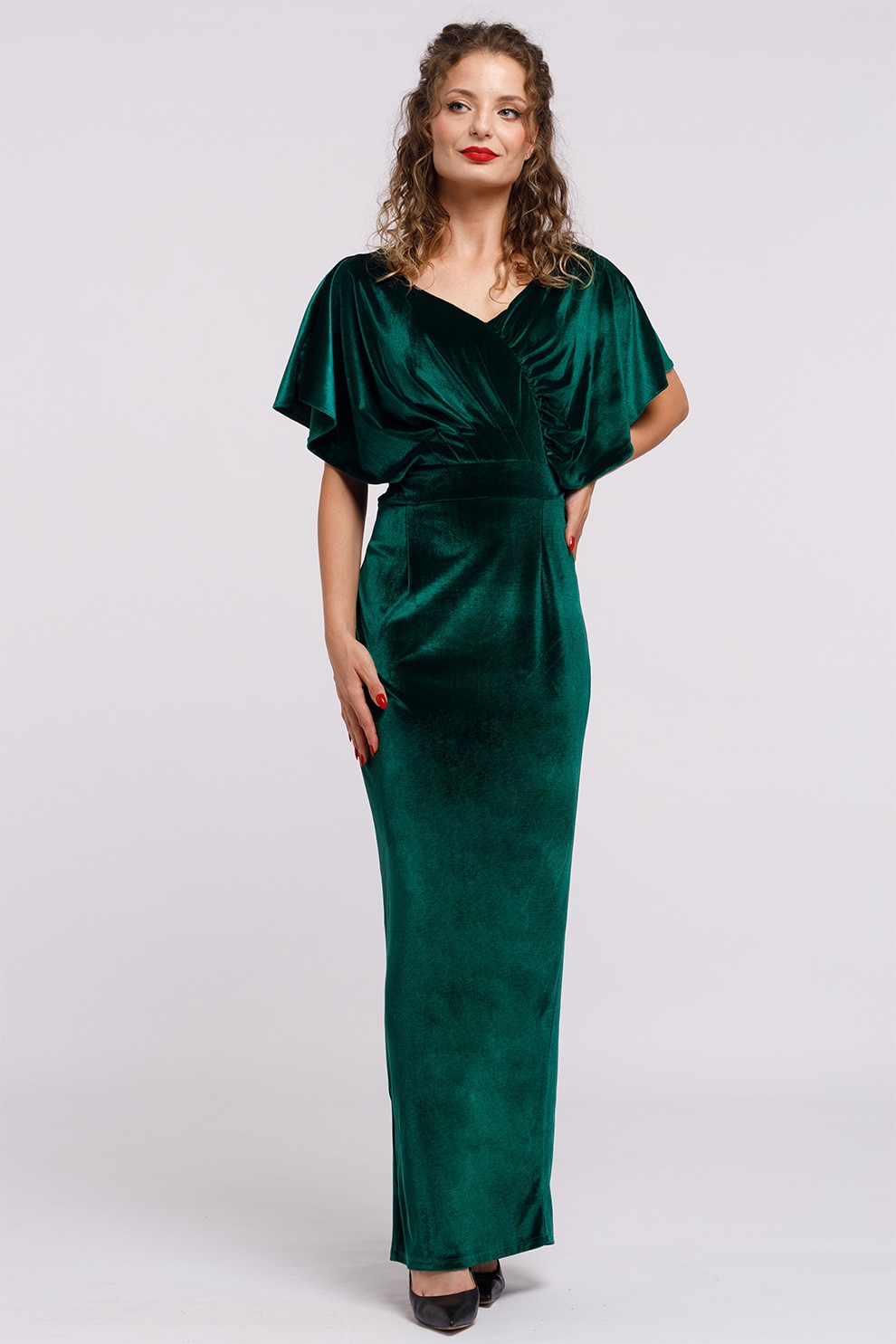 Camissi, Rochie maxi catifelata cu decolteu in V, Verde inchis, S-M