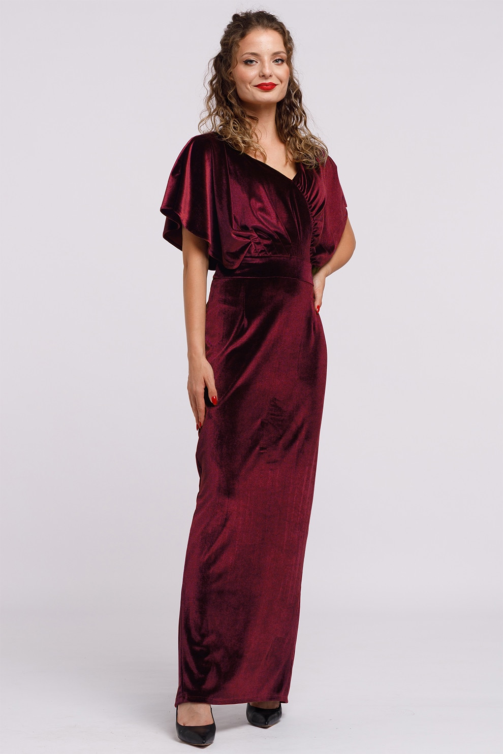 Camissi, Rochie maxi catifelata cu decolteu in V, Visiniu, L-XL