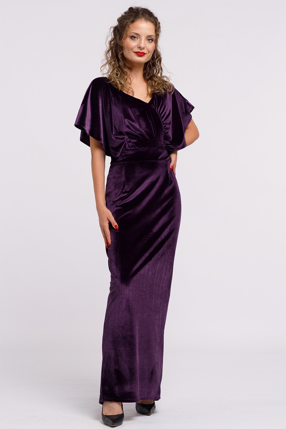 Camissi, Rochie maxi catifelata cu decolteu in V, Mov inchis, L-XL