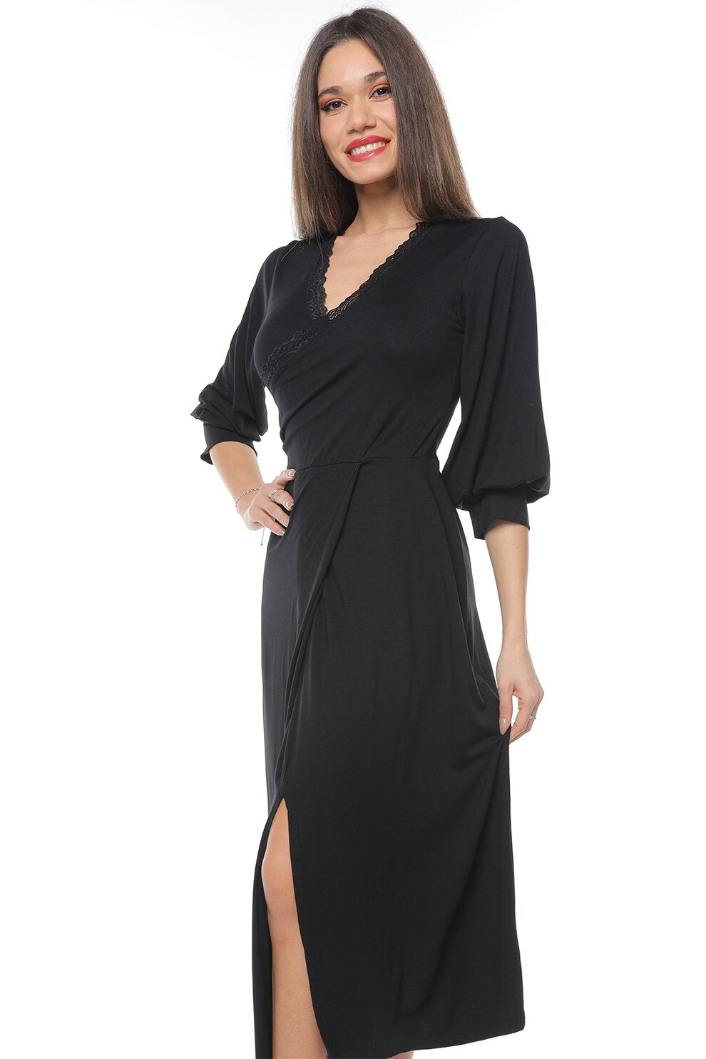 Camissi, Rochie midi cu decolteu in V si slit frontal, Negru, S-M