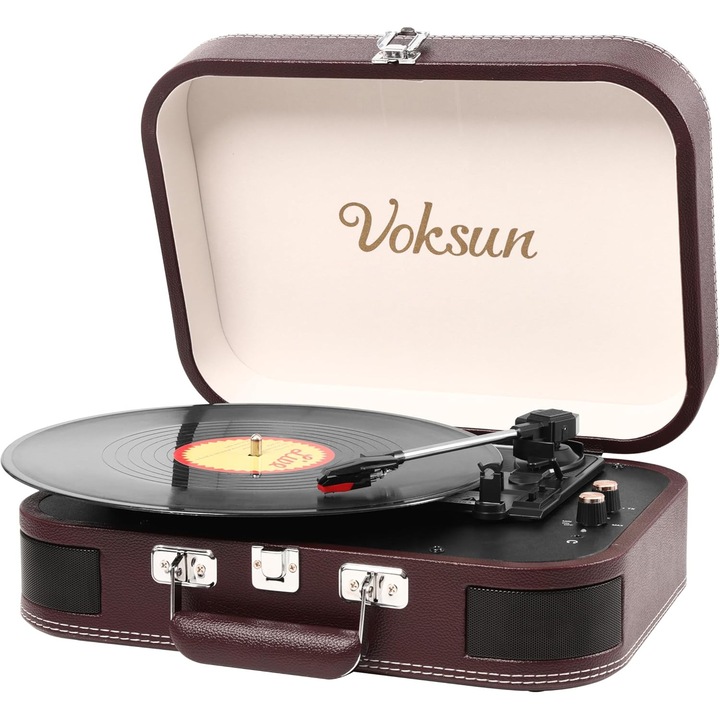 Pick-up Bluetooth 5.4, 3 viteze 33/45/78 rpm, 2 difuzoare stereo incorporate, AUX, USB, pentru vinyl 7/10/12 inch, functie inregistrare, design tip servieta, visiniu