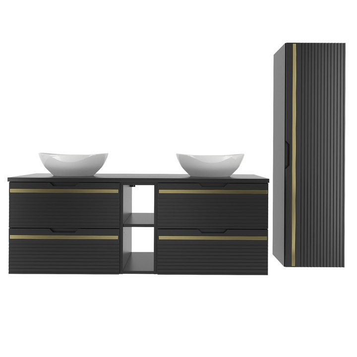 Мебели за баня VESPER-02, megstyl, матово черно, комплект с плот и мивка