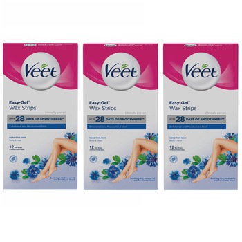 Benzi depilatoare de ceara Veet Easy-Gelwax pentru piele sensibila, 12 benzi, 3 buc Benzi depilatoare de ceara Veet Easy-Gelwax pentru piele sensibila, 12 benzi, 3 buc