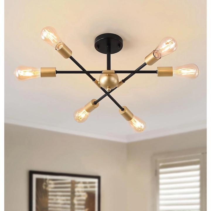 Lustra moderna, 6 Capete, E27, Candelabru, Inaltime reglabila, Corp de iluminat modern Sputnik, Lampa de tavan semi-incastrata, Pentru dormitor bucatarie hol intrare birou, Negru auriu