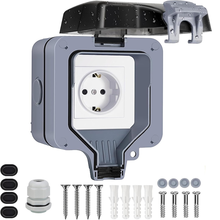 Priza dubla impermeabila, 16A/250V, IP66, Gri/Alb, pentru exterior, cu accesorii de montaj, rezistenta la apa si praf
