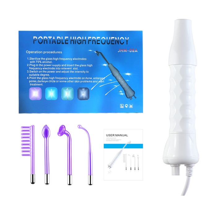 Dispozitiv electroderm pentru tratamente cosmetice, 9 intensitati, 4 capete interschimbabile, violet