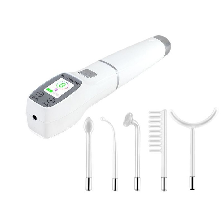 Dispozitiv electroderm pentru tratamente cosmetice, 9 intensitati, 4 capete interschimbabile, alb