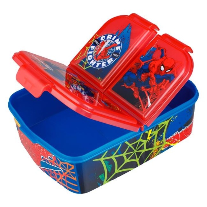 Caserola compartimentata pentru copii, Spiderman, 3 compartimente, 790 ml, cu tacamuri incluse
