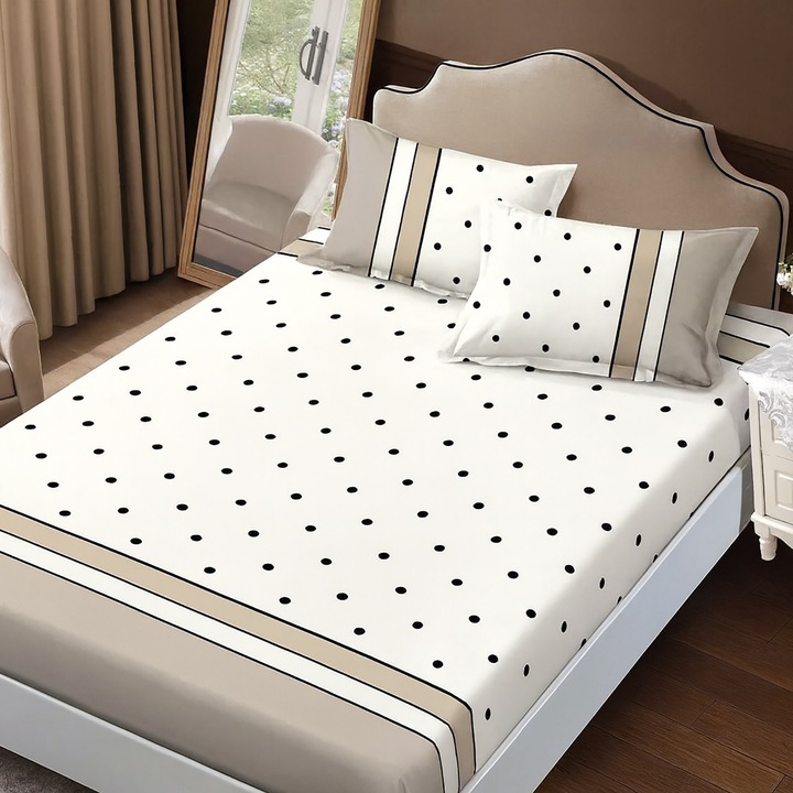 Set husa pat Finet Elegance + 2 fete perne pentru saltea de 160x200 cm, Buline, HF2FP113