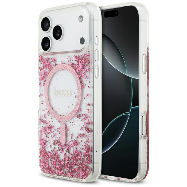 Carcasa Guess Resin Bottom Glitter cu MagSafe compatibila cu iPhone 17 Pro Max, Roz