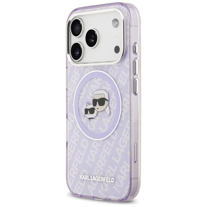 Karl Lagerfeld IML Glitter Karl & Choupette Heads Logo MagSafe Case за iPhone 17 Pro Max - лилав