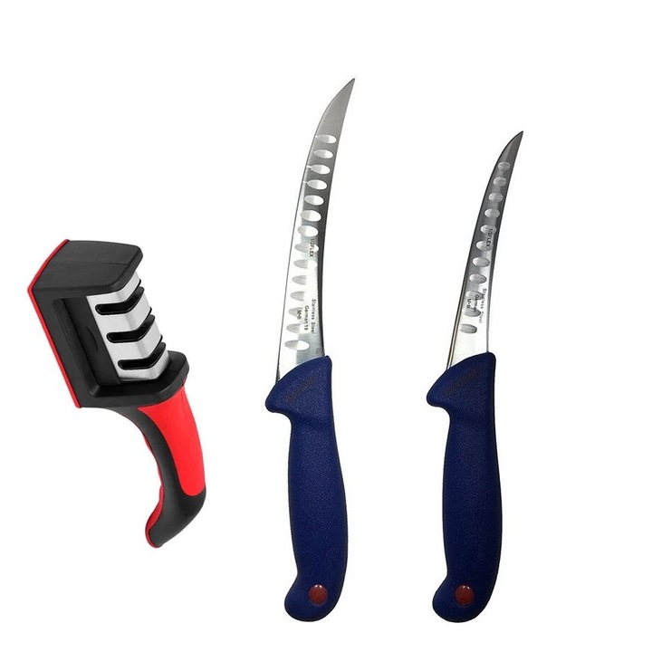 Pachet 2 Cutite Macelarie, cu Alveole, Filetat, Dezosat, Otel Inoxidabil si Ascutitor pentru Cutite, 3 Niveluri de Ascutire