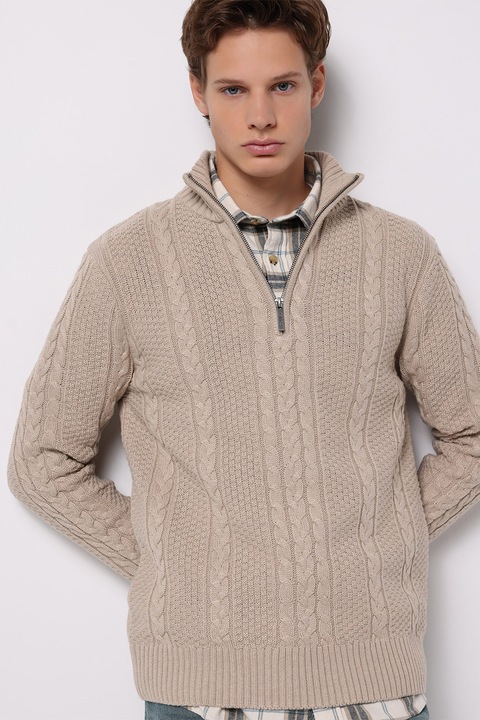 COLIN'S, Pulover din amestec de lana cu fenta cu fermoar, Maro nisip