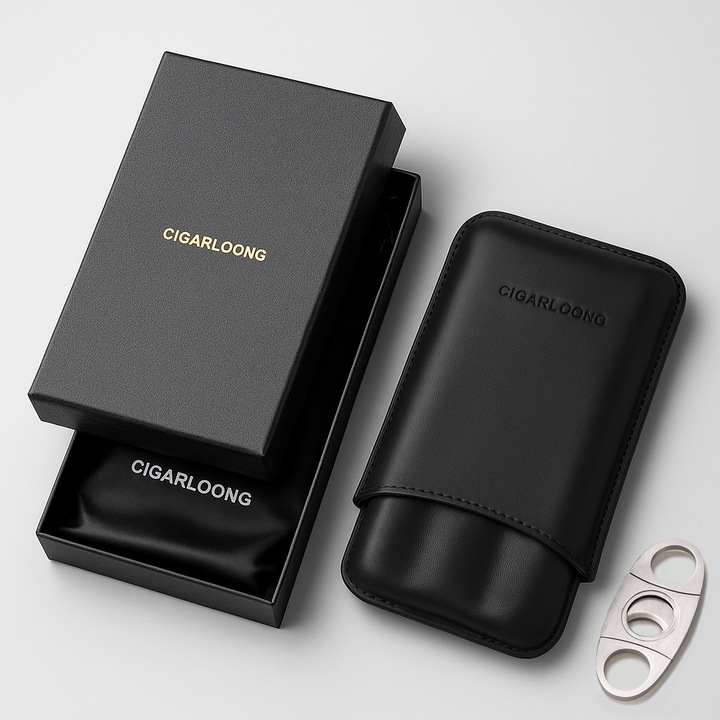 Etui trabucuri din piele naturala, cutie suport 3 trabucuri, cutter inclus cu suport dedicat, cutie cadou eleganta, husa premium portabila, pentru pastrare aroma si protectie, accesorii trabucuri cadou elegant, culoare Negru