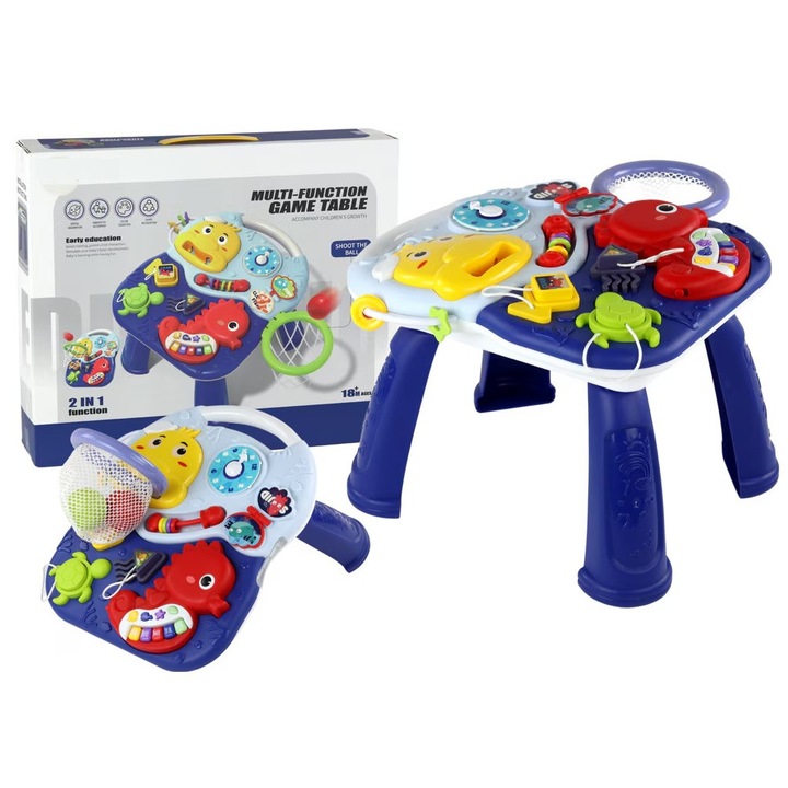 Masuta si Panou cu Activitati 2 in 1, Jucarie Muzicala, LuminI LED, Pian, Forme si Culori, Educativa Bebelusi, Albastru, 18 luni +