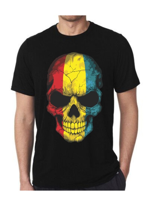 Tricou Negru, Craniu in culorile steagului Romaniei XXL