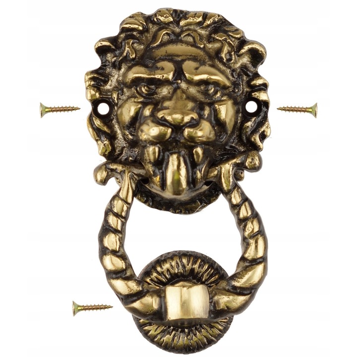 Batator ciocanitor usa intrare model Cap de Leu, FEINZ, 115 x 70 mm, Metal turnat masiv, Decorare si semnalizare vizitatori, Patina Veche