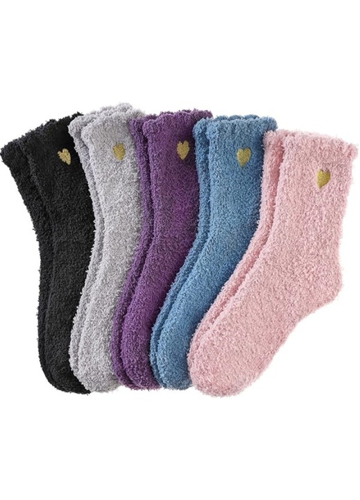 Sosete termice pentru femei Esther Beauty®, 5 perechi - Design cu inimioare, fleece coral, Super Pufoase si Calde, Marime 35-42 - Multicolor, Maro
