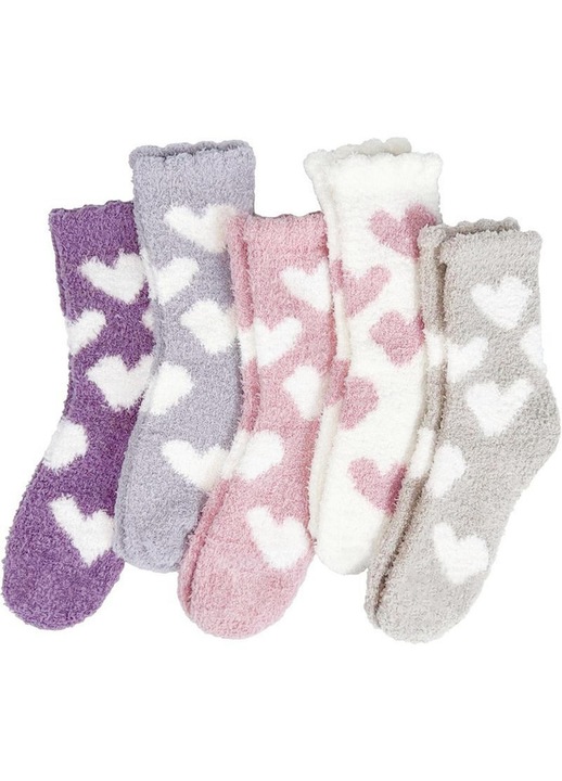 Sosete termice pentru femei Esther Beauty®, 5 perechi - Design cu inimioare, fleece coral, Super Pufoase si Calde, Marime 35-42 - Bej multicolor