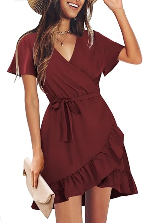 Rochie dama cu maneca scurta si guler in V, visiniu, marime XL, BeLuring