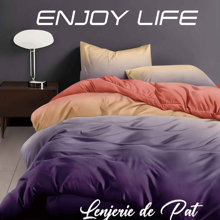 Комплект спално бельо Finet Enjoy Life 6 части, чаршаф 240x260 см, олекотена завивка 200x230 см, 2 калъфки за възглавници 50x70 см и 70x70 см, Оранжево-Лилаво