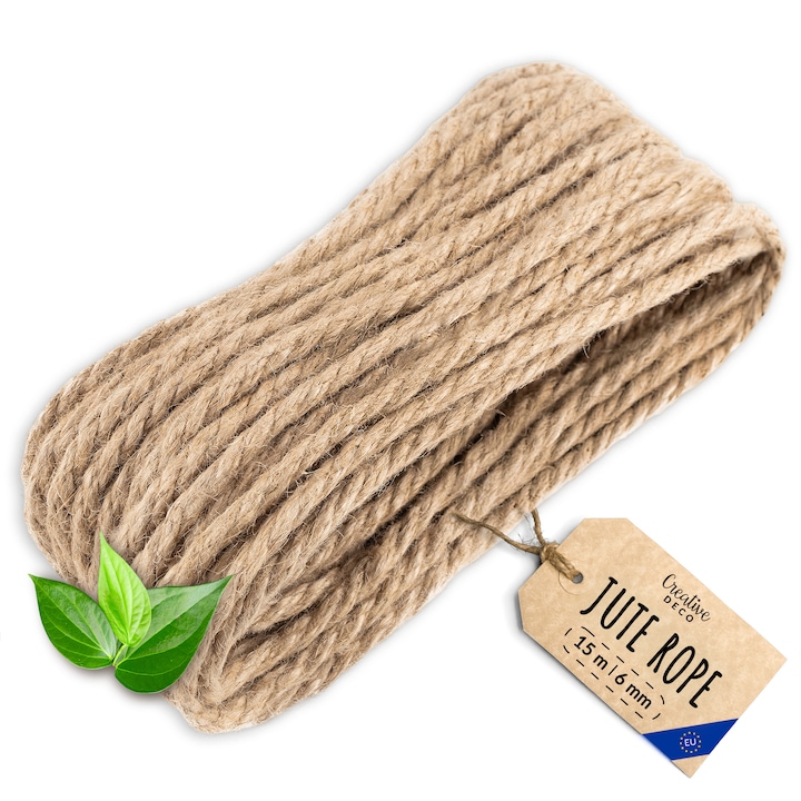 Въже от юта, 15 м, дебелина 6 мм, Creative Deco, здраво, плетено, натурално кафяво, подходящо за декорация, градинарство, котешки дращачки