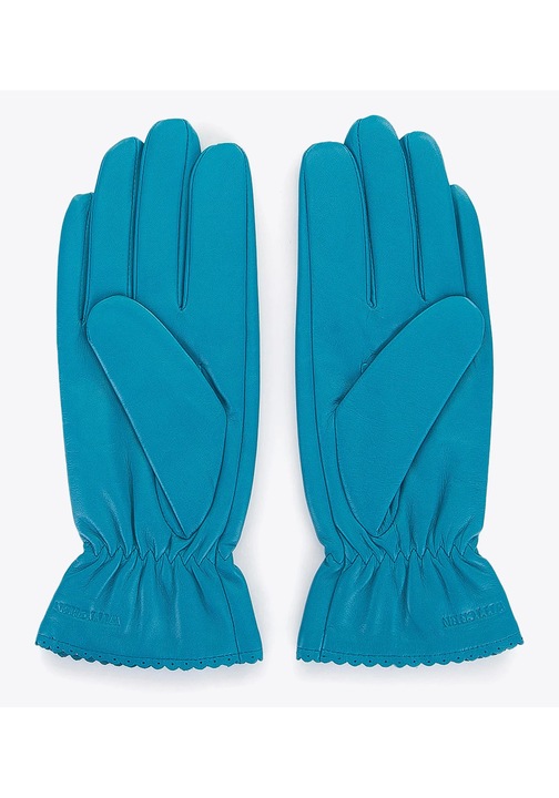 Manusi de dama din piele cu volane, turcoaz, piele naturala, turcoaz, marimea M