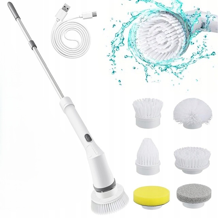 Perie electrica extensibila pentru curatare, Zola, 6 capete interschimbabile, maner reglabil 80-110 cm, rotire 180°, alb