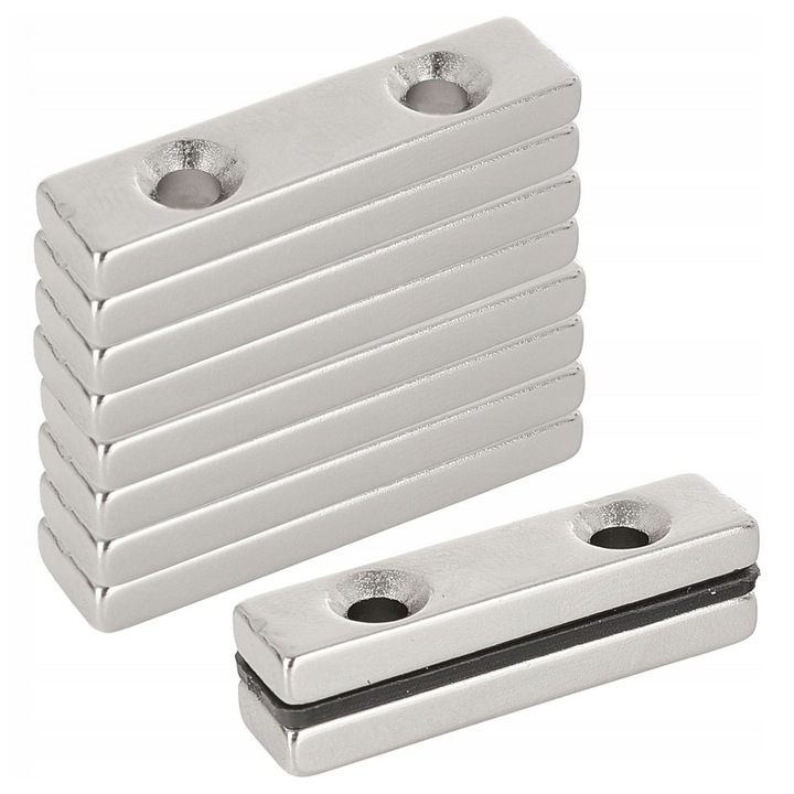 Set 10 magneti dreptunghiulari, Zola, neodim, 2 orificii pentru fixare suruburi, 40 x 10 x 4 mm, argintii