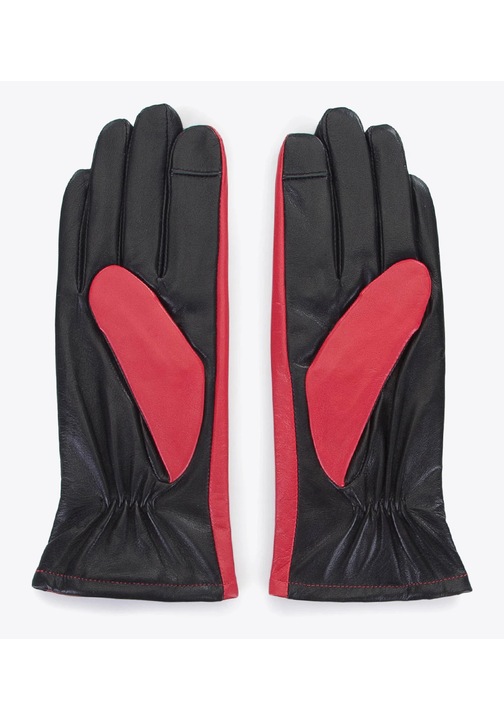 Manusi de dama din piele in doua culori, rosu si negru, piele naturala, rosu si negru, marimea M