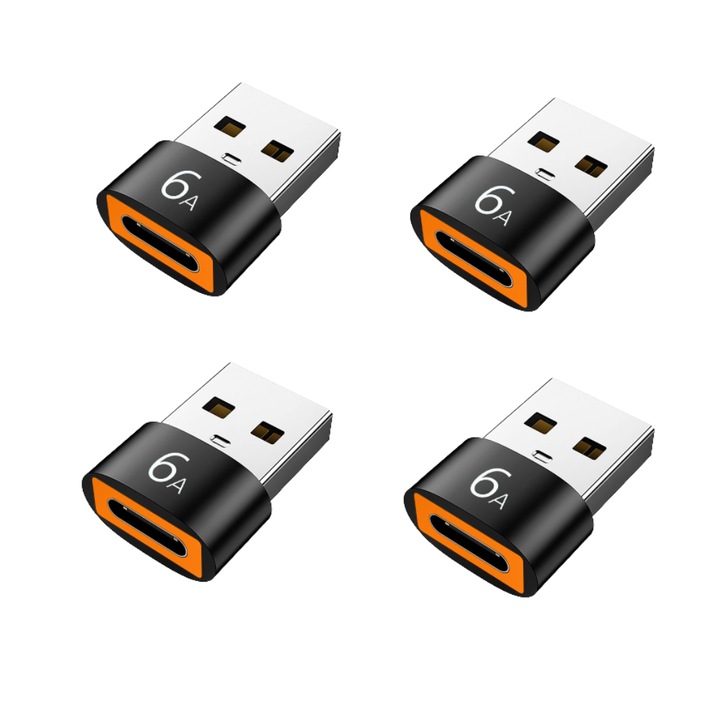 Адаптер USB към USB-C (Пакет от 4 броя), Адаптер USB-C женски към USB-A мъжки, Конвертор за кабел за зареждане тип C към USB-A, Съвместим със Samsung Galaxy и други устройства с тип C, Черен