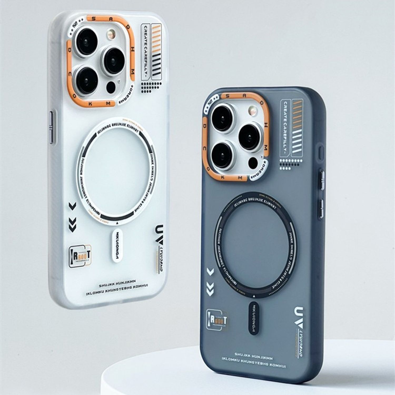 Husa de Protectie, Compatibila cu Apple iPhone 17, Premium Design, Model Retro, MagSafe, Alb mat/Portocaliu