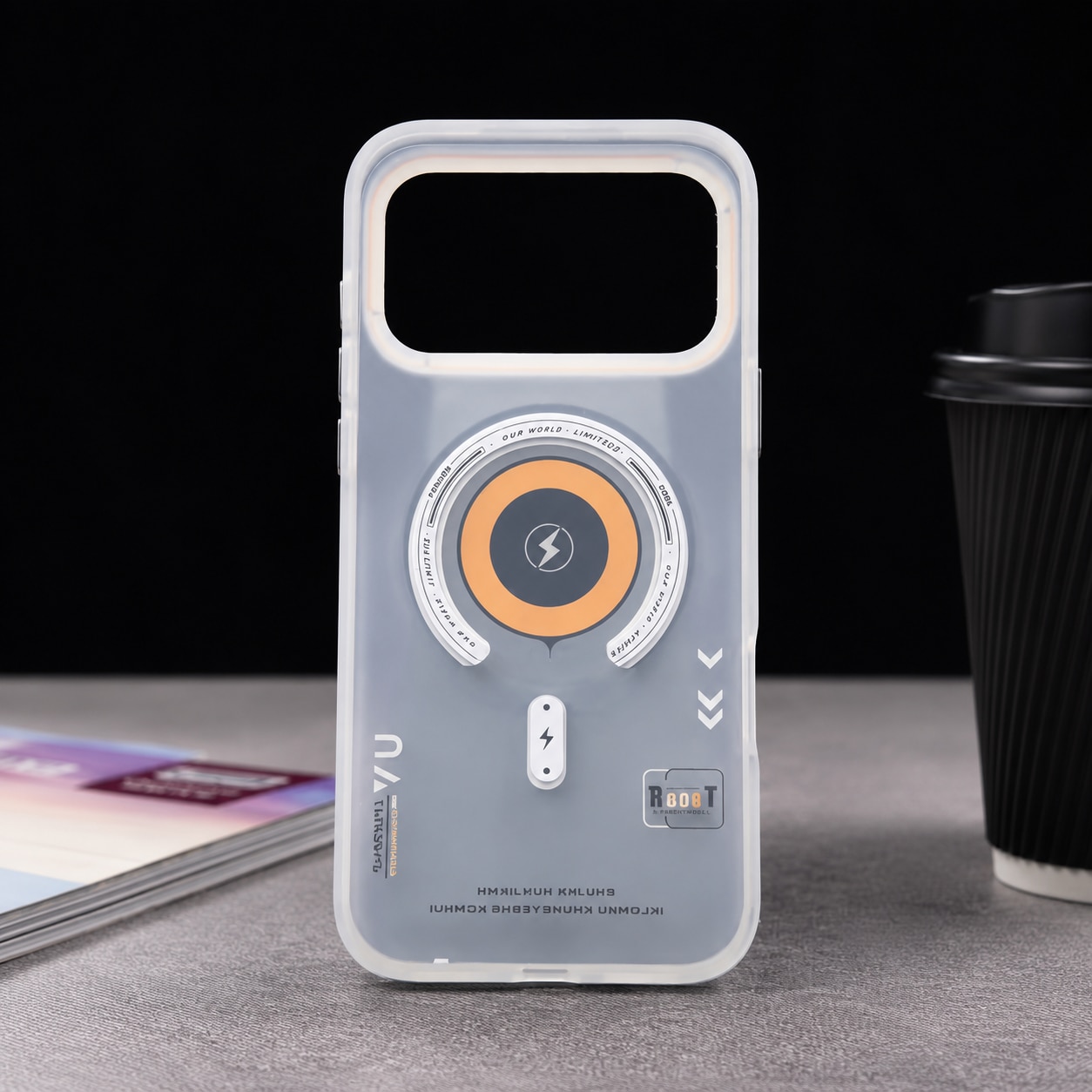 Husa pentru Apple iPhone 17 Pro, MagSafe, Design Retro Futurist, Spate Mat Translucid, Protectie Antisoc, Alb Mat/Portocaliu