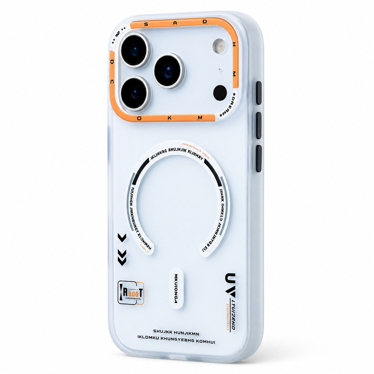 Husa pentru Apple iPhone 17 Pro, MagSafe, Design Retro Futurist, Spate Mat Translucid, Protectie Antisoc, Alb Mat/Portocaliu